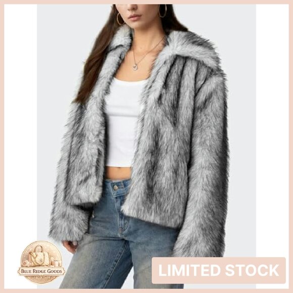 Faux Fur Jacket Lapel Fluffy Open Front Shaggy Winter Coat Elegant Chic - Picture 4 of 8